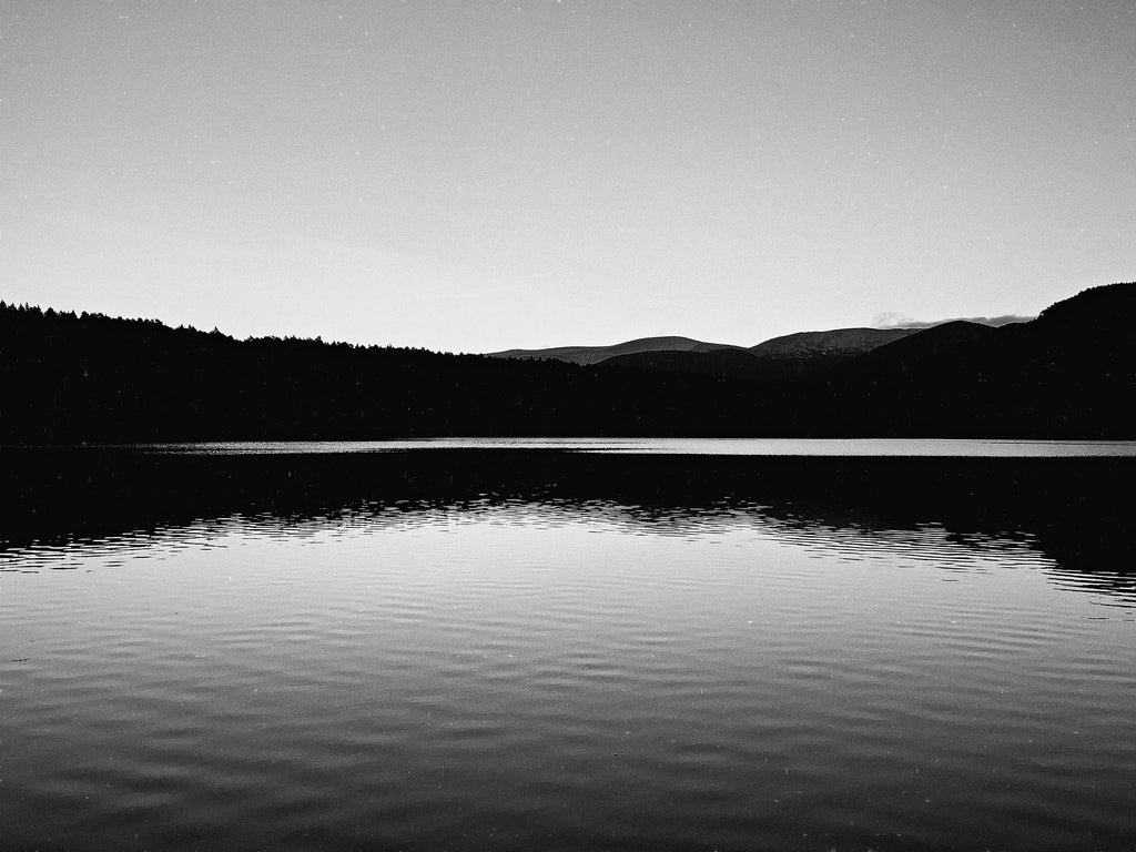 A still loch below a dark tree line and distant hills in the Cairngorms, in black and white