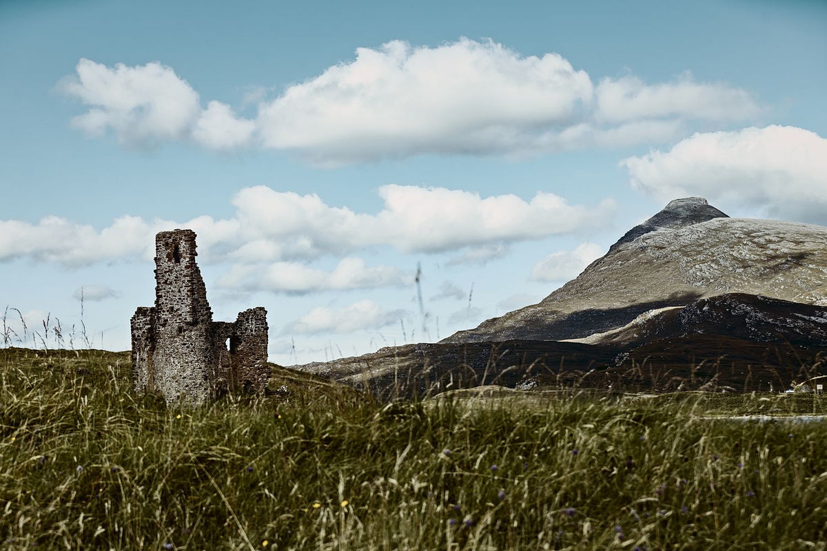 The ruined tower of Ardvreck Castle in long grass, with a mountain peak and white clouds behind, Assynt